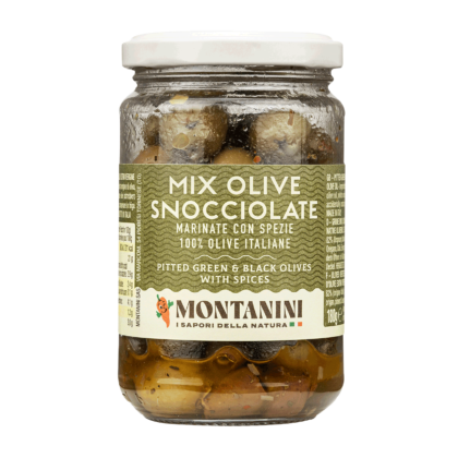 Mieszanka drylowanych zielonych i czarnych oliwek z przyprawami – włoskie oliwki w marynacie, 200 g