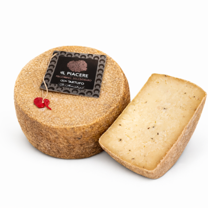 Kawałek sera Pecorino z truflami i widocznymi kawałkami grzybów