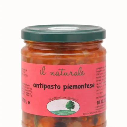 Słoik z Antipasto Piemonckim BIO - włoska przystawka warzywna w sosie pomidorowym.