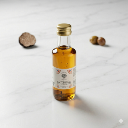 Butelka włoskiej oliwy Extra Vergine z białą truflą, obok świeżych składników do risotto i makaronu.