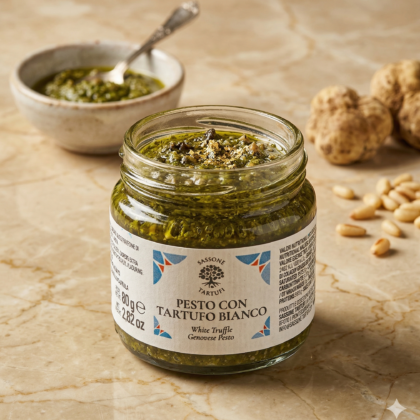 Zamknięty słoiczek 80g z ekskluzywnym pesto z bazylii Genovese DOP i szlachetną białą truflą marki Sassone Tartufi.