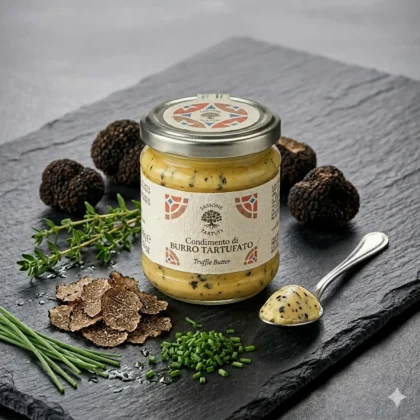 Masło z białą truflą w szklanym słoiczku 160g, obok drewnianej łyżeczki, plastrów świeżych grzybów i krajalnicy do trufli.