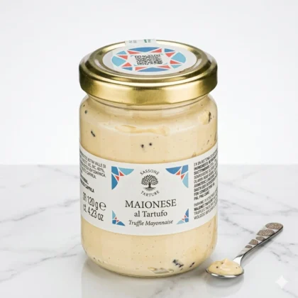 Słoiczek ekskluzywnego włoskiego majonezu z truflą letnią, serwowany do pieczonego mięsa i chrupiącego chleba.