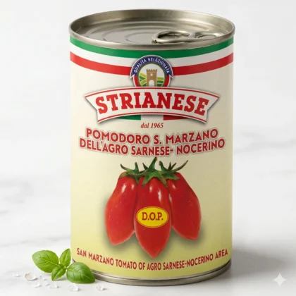 Puszka 400g zawierająca włoskie pomidory San Marzano DOP marki Strianese.