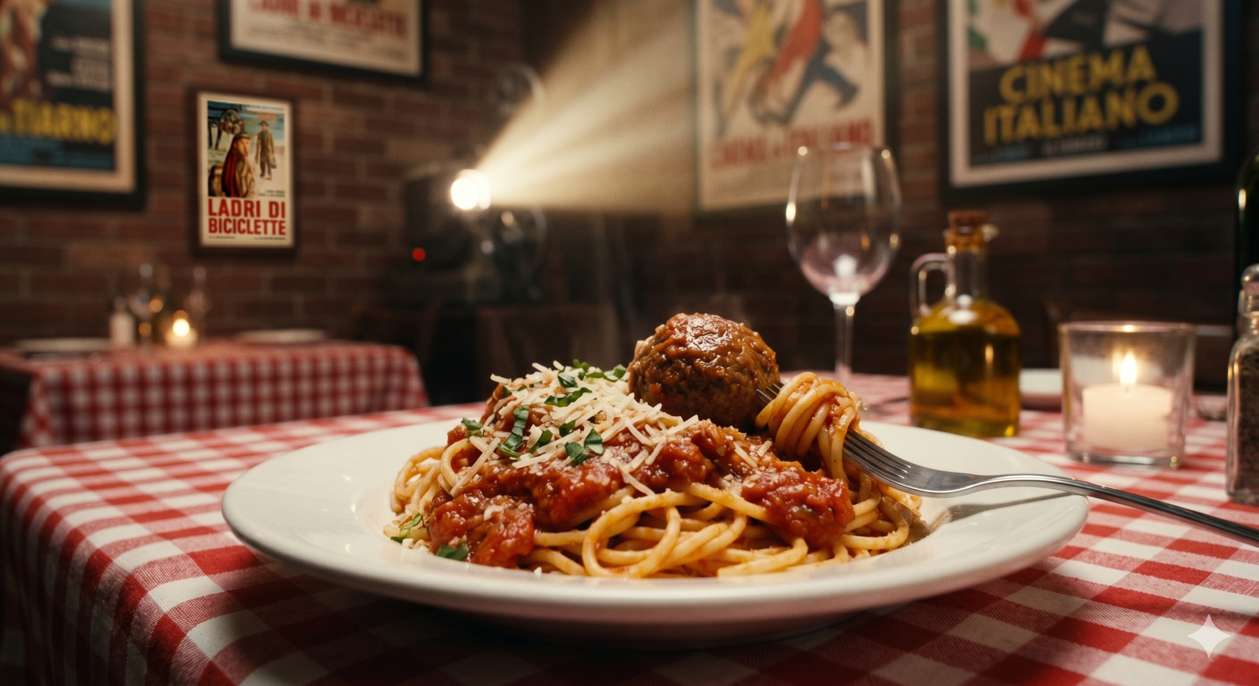 talerz spaghetti, projektor oraz plakaty filmowe