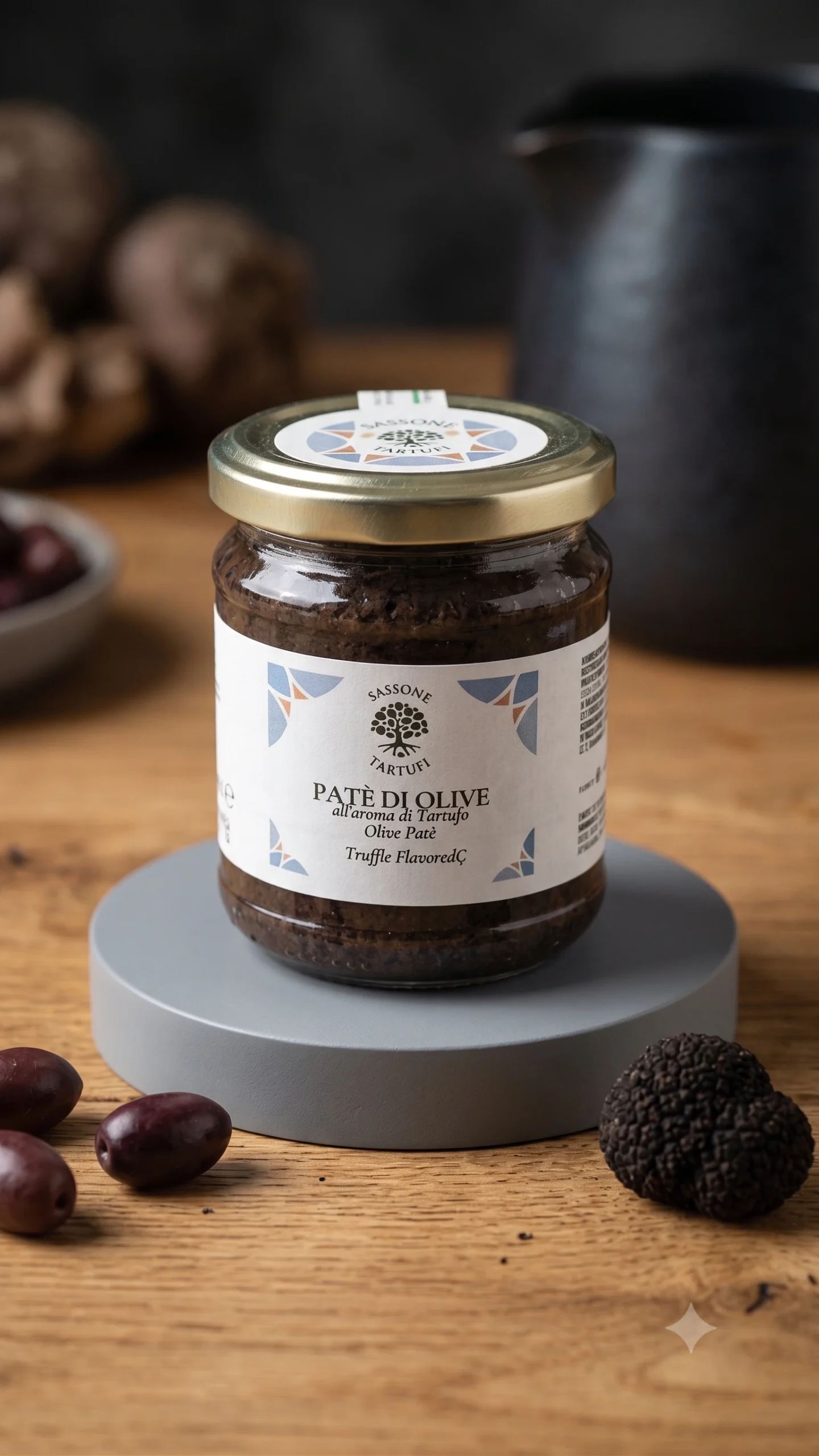 Słoiczek zawierający włoską pastę z czarnych oliwek z truflą (Paté di Olive) o wadze 170 gramów.