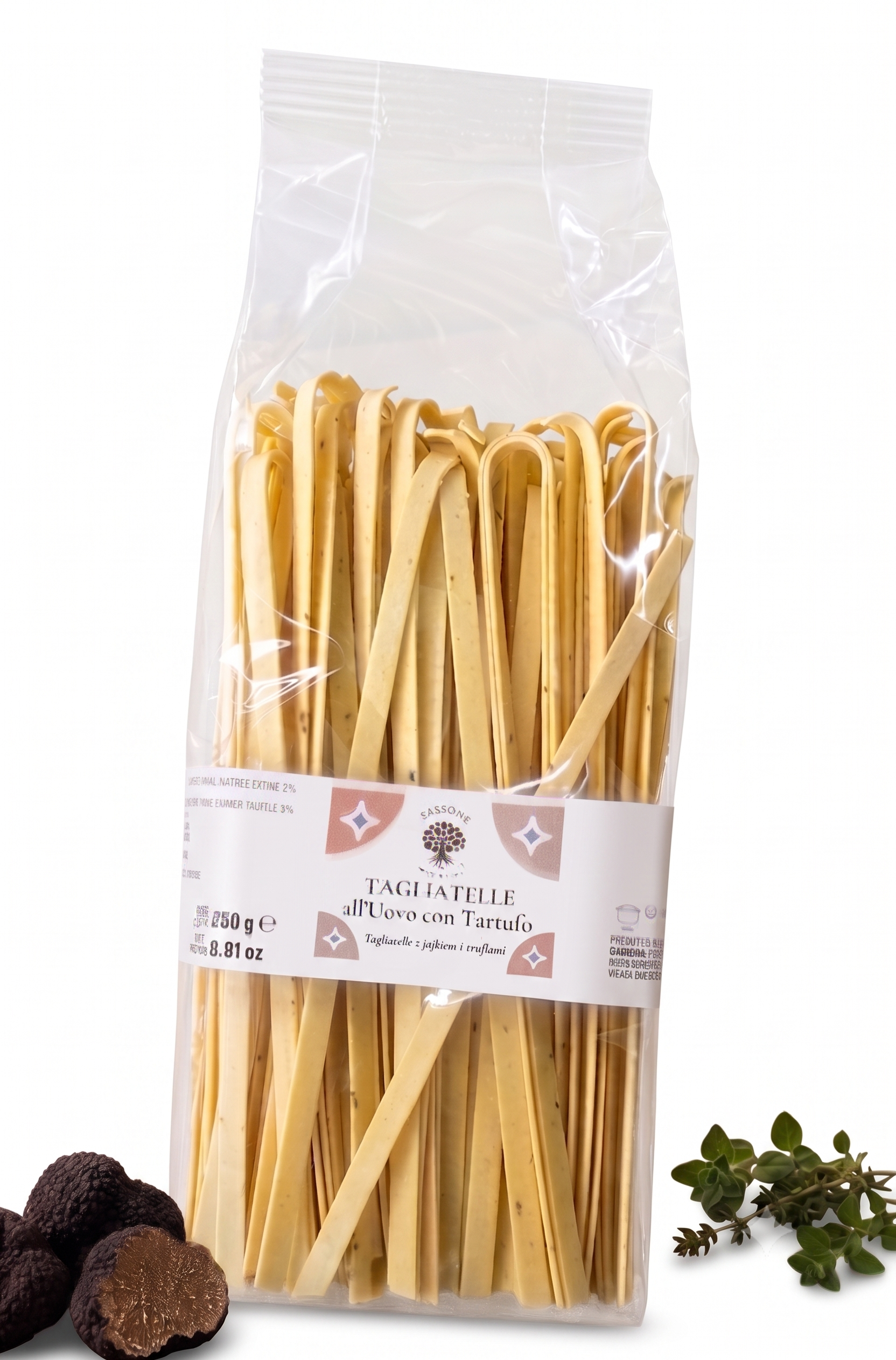 Opakowanie 250g włoskiego makaronu tagliatelle z truflą marki Sassone Tartufi