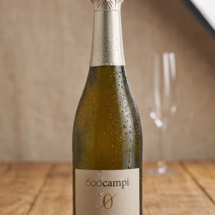 Jasnożółte włoskie bezalkoholowe wino musujące ze szczepu glera, wegańska alternatywa dla prosecco z regionu Friuli.