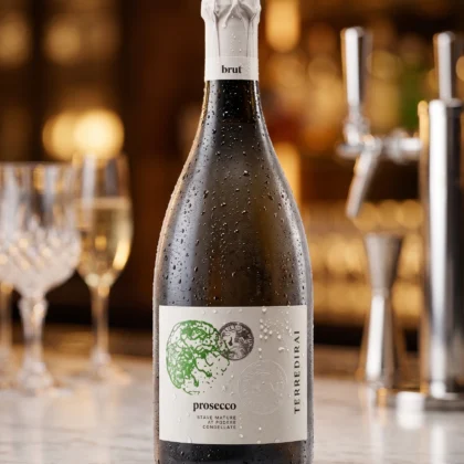 Butelka włoskiego Prosecco Terre di Rai ze szczepu Glera.