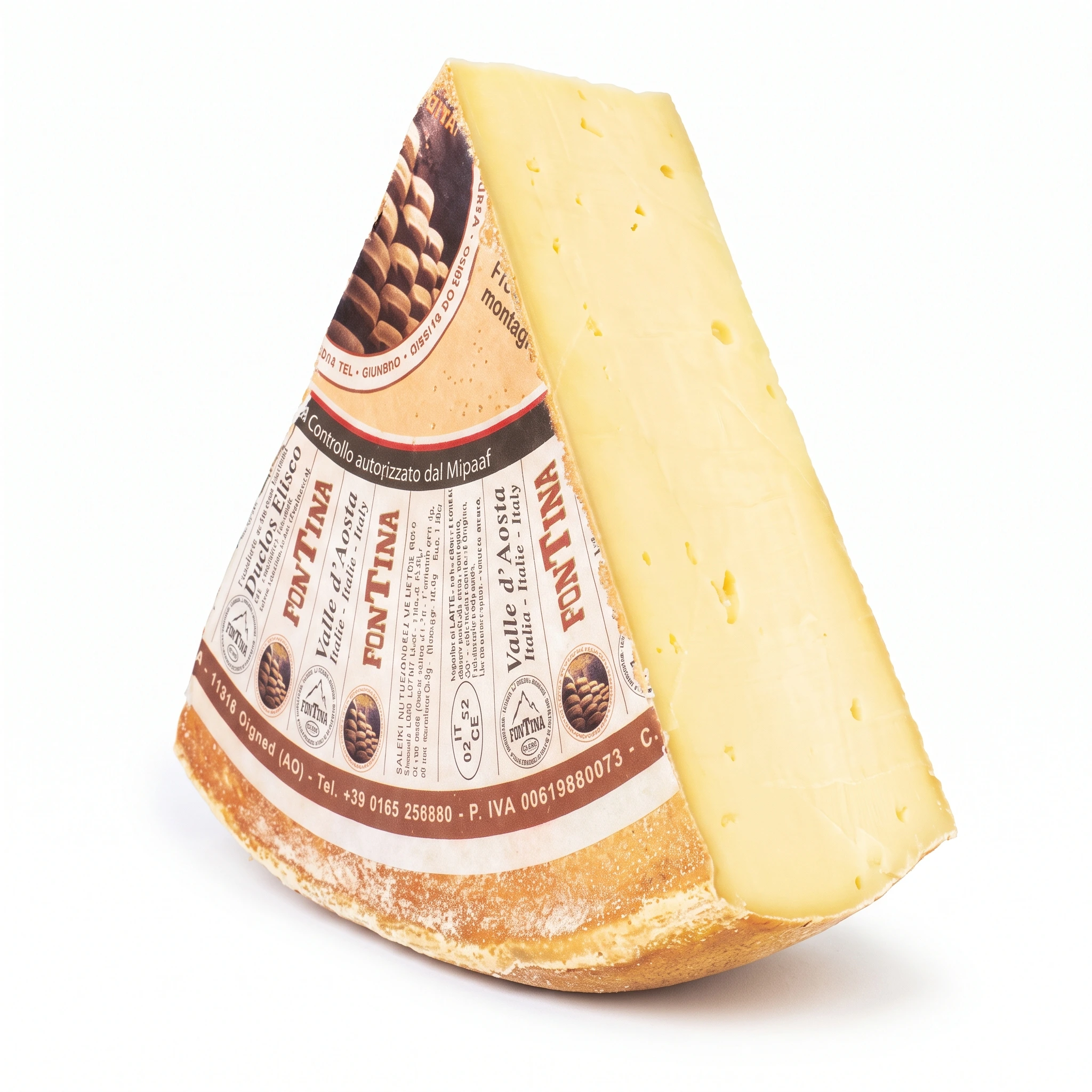 Kawałek włoskiego sera Fontina Valdostana DOP z widoczną naturalną skórką i elastycznym miąższem